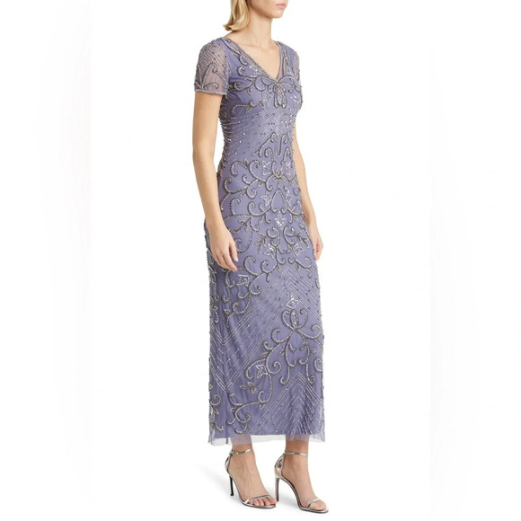 NWT Pisarro Nights Beaded Mesh Column Violet Purple Cocktail Gown Size 12 - Picture 1 of 9